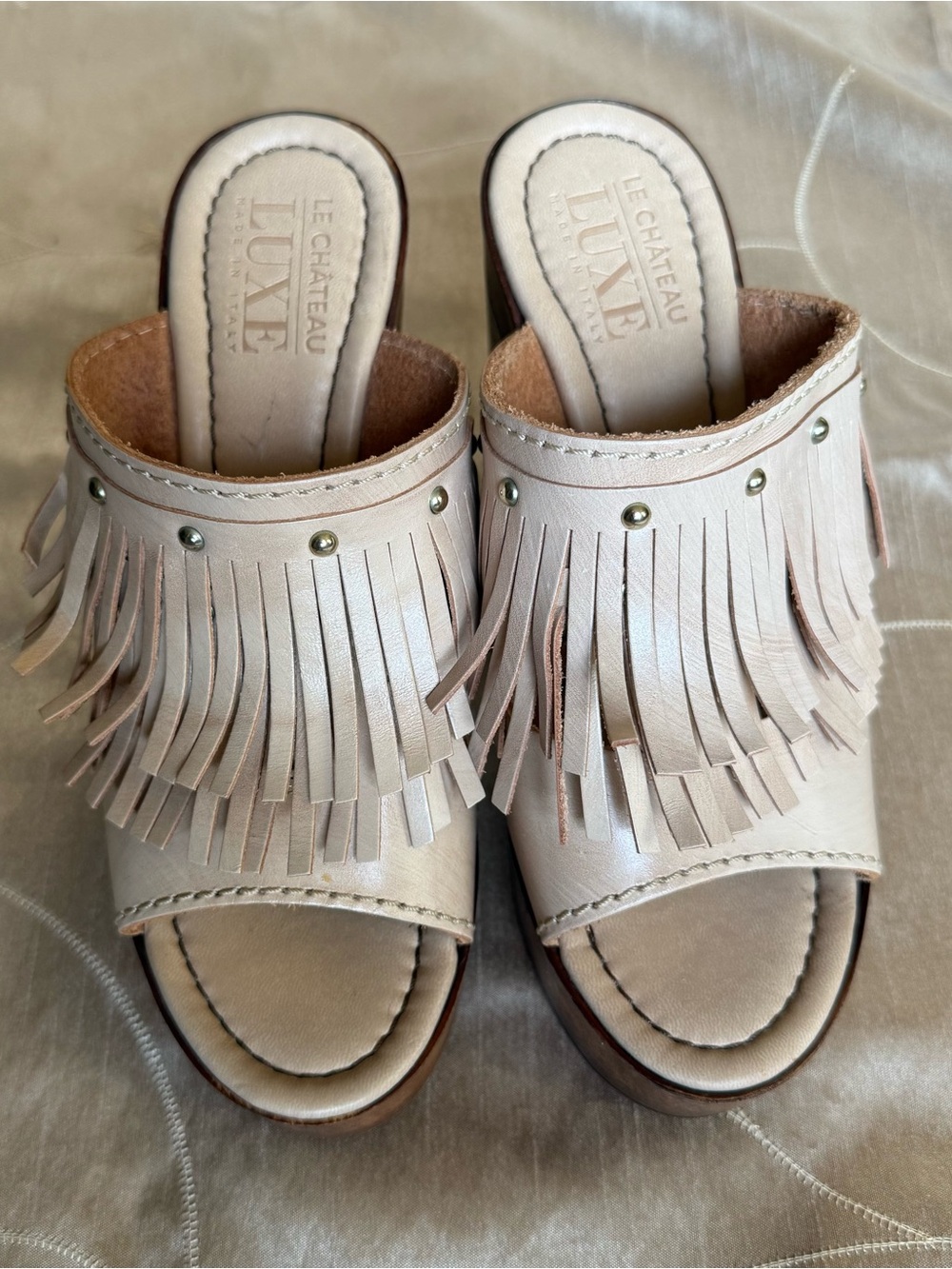 Cream Fringe Platform Mule Heels